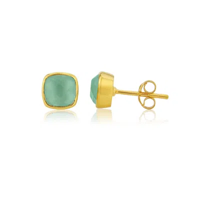 Auree Jewellery Women's Blue / Green / Gold Brooklyn Gold & Aqua Chalcedony Cushion Stud Earrings