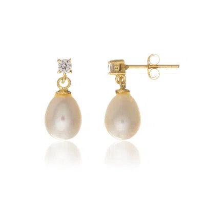 Auree Jewellery Women's White / Gold Drayton White Pearl & Cubic Zirconia Yellow Gold Vermeil Oval Drop Earrings