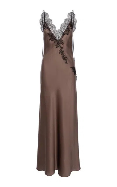 Aureliana Chantilly Lace Embroidered Silk-blend Slip Dress In Brown