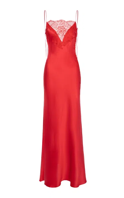 Aureliana V-neck Lace Embroidered Silk-blend Slip Dress In Red
