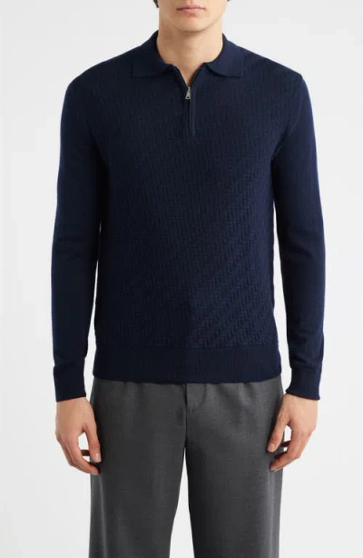 Aurélien Basket Weave Stitch Long Sleeve Cashwool® Quarter Zip Polo Sweater In Blue