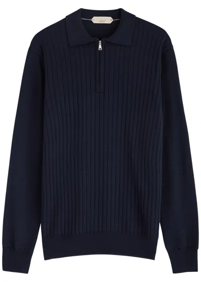 Aurélien Ribbed Wool Polo Jumper In Navy