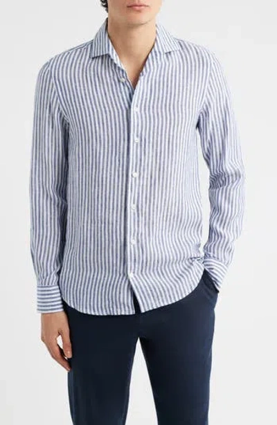 Aurélien Seaside Linen Button-up Shirt In Navy Stripe