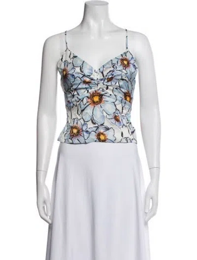 Pre-owned Aureta Floral Print V-neck Top In White