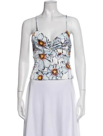 Pre-owned Aureta Floral Print V-neck Top In White