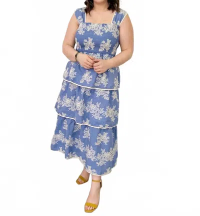 Aureum Carmella Embroidered Tiered Midi Dress In Blue Cream Combo