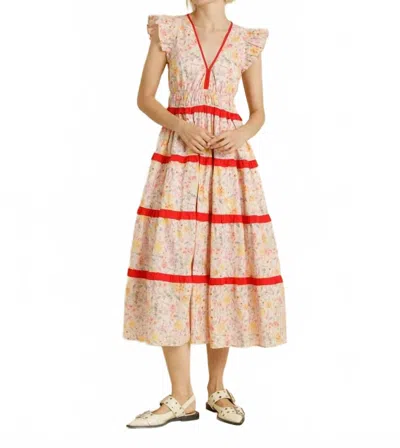 Aureum Contrast Floral Midi Dress In Pink Floral In Multi