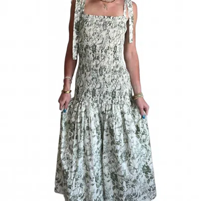 Aureum Ellie Floral Smocked Drop Waist Midi Dress In Sage In Green