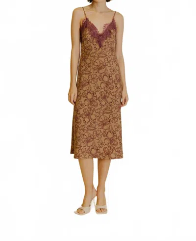 Aureum Floral Lace Slip Midi Dress In Taupe In Brown