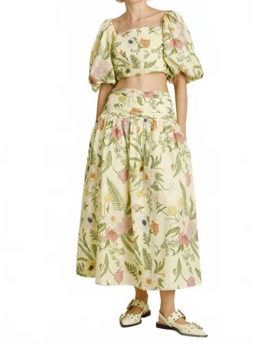 Aureum Floral Shirred Midi Skirt In Pale Yellow In Green