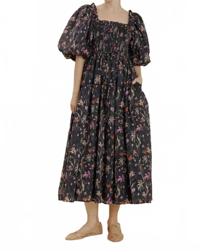 Aureum Floral Smocked Maxi Dress In Navy In Black