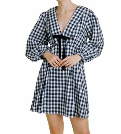 Aureum Gingham Collar Dress With Tie In Navy In Blue