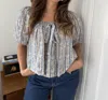 Aureum Lakeland Floral Striped Peasant Top In Blue In Blue