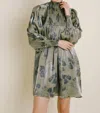 Aureum Metallic Smocked Floral Mini Dress In Olive