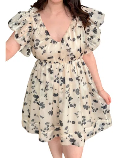 Aureum Midnight Garden Puff Sleeve Dress In Ivory, Black In Neutral