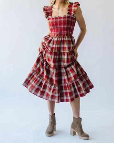 Aureum Plaid Smocked Midi Dress In Cognac