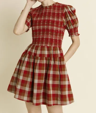 Aureum Plaid Smocked Mini Dress In Red
