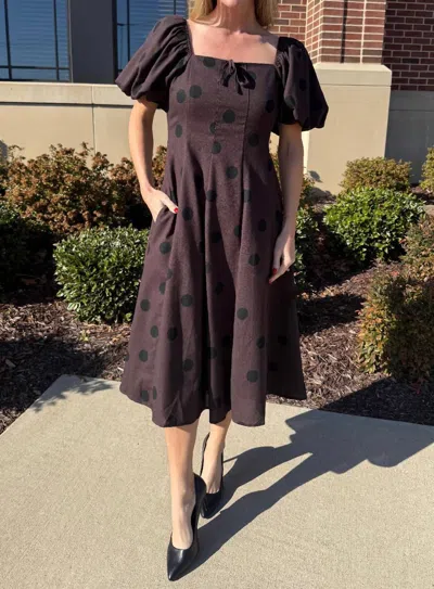 Aureum Polka Dot Linen Midi Dress In Brown