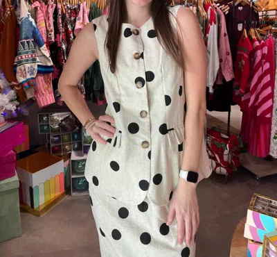 Aureum Polka Dot Linen Vest With Ruffle Pockets In Ivory In Multi
