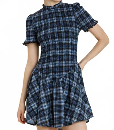 Aureum Smocked Mini Dress In Blue Plaid