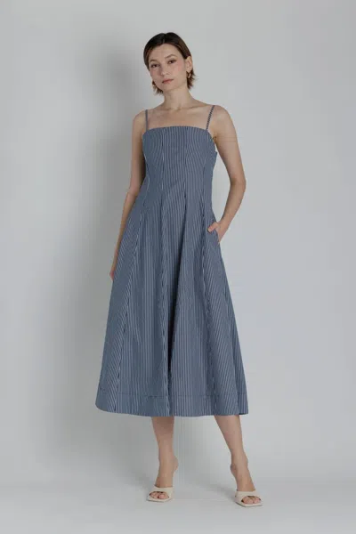 Aureum Striped Panel Midi Dress In Navy In Gray
