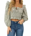 Aureum Toile Print Ruffle Top In Navy In Gray