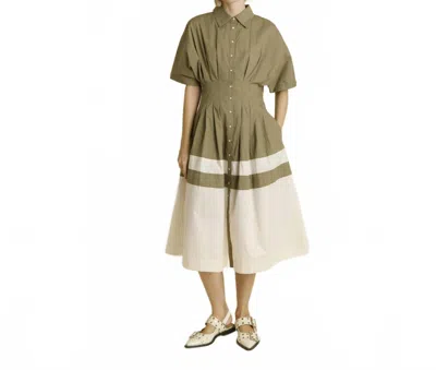 Aureum Two-toned Pleated Midi Dress In Olive/ White
