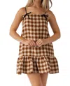 Aureum Gingham Sleeveless Mini Dress With Bow Detail In Cognac In Brown