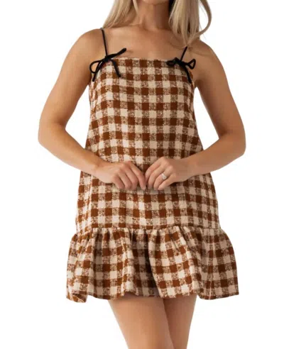 Aureum Velvet Bow Trim Tweed Mini Dress In Brown
