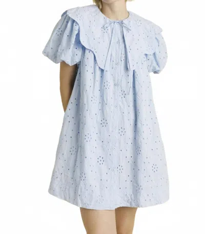 Aureum White Cotton Eyelet Scallop Collar Dress In Blue