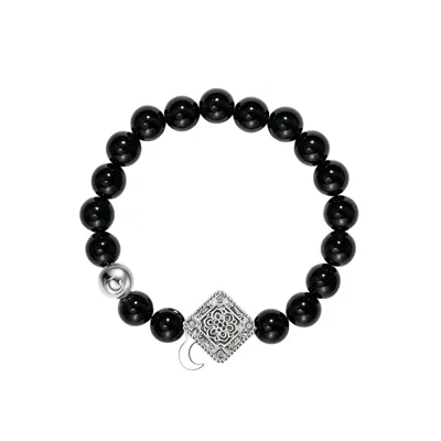 Aurozia Women's Black / Silver Three Charms Lunar Bloom White Gold Plated Lotus And The Moon Coin Black Agat In Black/silver