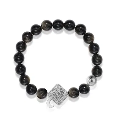 Aurozia Women's Black / Silver Three Charms Lunar Bloom White Gold Plated Lotus And The Moon Coin Gold Obsid In Black/silver