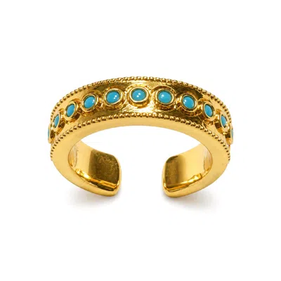 Aurozia Women's Blue / Gold Lotus Within  Gold Vermeil Starlight Dew Turquoise Adjustable Open Ring In Blue/gold