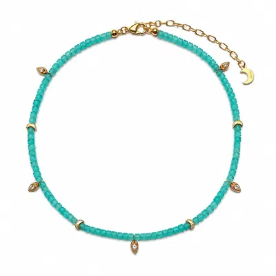 Aurozia Women's Blue Lotus Within Gold Vermeil Starlit Moon Amazonite Choker Necklace & Bracelet