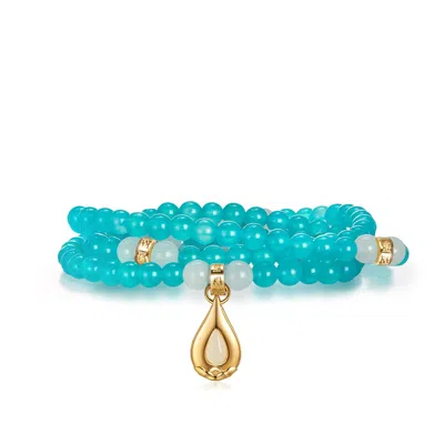 AUROZIA WOMEN'S FIVE ELEMENTS WATER GOLD VERMEIL AMAZONITE WATERDROP PENDANT THREE LAYERED CRYSTAL BRACELET 