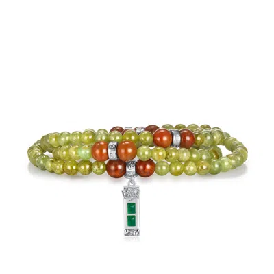 Aurozia Women's Five Elements Wood Sterling Silver Tsavorite Jade Life Tree With Flower Pendant Three Layere In Green