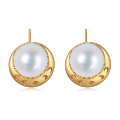 Aurozia Women's Gold Moonlit Grace Lunar Phase& Moon Minimalist Pearl Stud Earrings