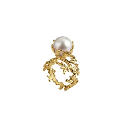 Aurozia Women's Gold Pearlwing Big Pearl Coral Ring