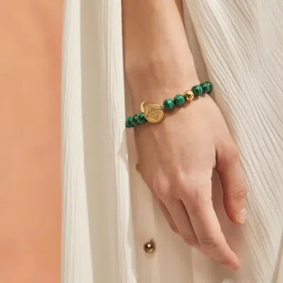 Aurozia Women's Gold / Silver Three Charms Sundial & Lotus & The Endless Love Knot Malachite Beaded Bracelet In Green