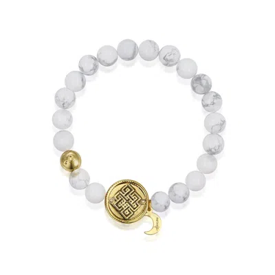 Aurozia Women's Gold / Silver Three Charms Sundial & Lotus & The Endless Love Knot Turquoise Beaded Bracelet In White