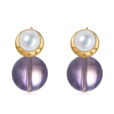 Aurozia Women's Gold Starry Moon Lunar Phase Pearl & Moon Crystal Stud Earrings