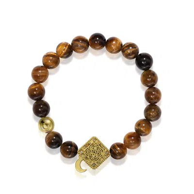 Aurozia Women's Gold / Yellow Three Charms Lunar Bloom Gold Plated Lotus And The Moon Coin Tiger's Eye Beade In Gold/yellow