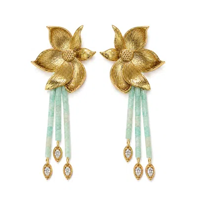 Aurozia Women's Lotus Within Gold Plated Detachable Blooming Lotus Drop Amazonite Tassel Earrings