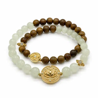 Aurozia Women's Lotus Within Gold Rhodium Plated Sterling Silver Lotus & Fish Coin Double Wrap Green Sandalw