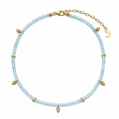 Aurozia Women's Lotus Within Gold Vermeil Starlit Moon Blue Topaz Choker Necklace & Bracelet