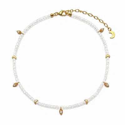 Aurozia Women's Lotus Within Gold Vermeil Starlit Moon White Phantom Quartz Choker Necklace & Bracelet