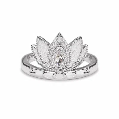 Aurozia Women's Lotus Within Rhodium Plated Sterling Silver Blooming Lotus Drop Adjustable Open Ring