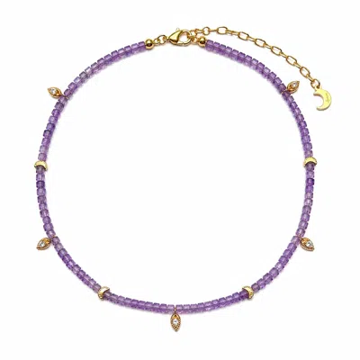 Aurozia Women's Purple Lotus Within Gold Vermeil Starlit Moon Amethyst Choker Necklace & Bracelet