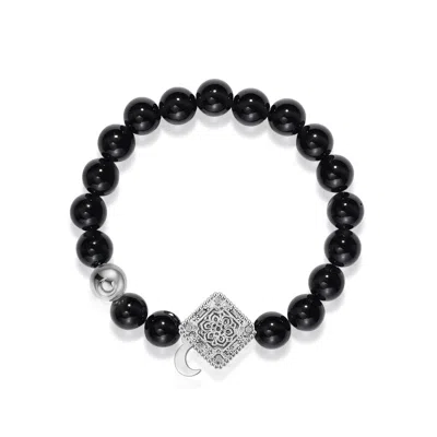 Aurozia Women's Silver / Black Three Charms Lunar Bloom White Gold Plated Lotus And The Moon Coin Black Agat In Silver/black