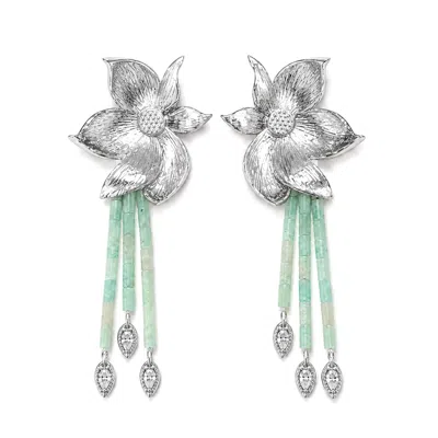 Aurozia Women's Silver Lotus Within Rhodium Plated Detachable Blooming Lotus Drop Amazonite Tassel Earrings
